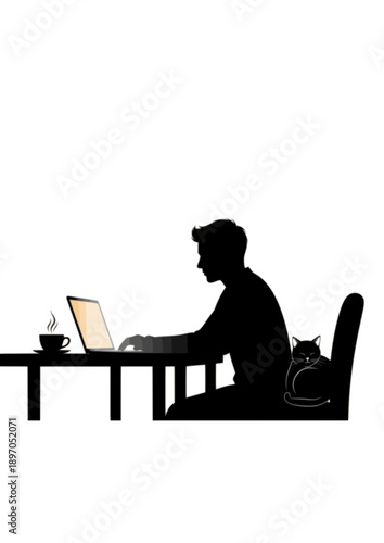 Modern Remote Work from Home Silhouette with Laptop Coffee and Pet Cat Vector Illustration