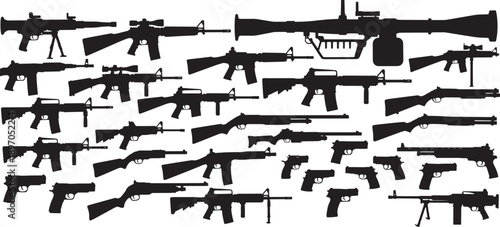 Comprehensive array of various firearm silhouettes, showcasing a wide range of weapon types including handguns, rifles, and launchers, presented as vector graphics