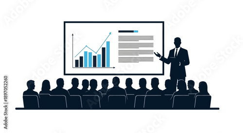 Professional Business Presentation Icon with Speaker Engaging an Audience in a Conference Room, Highlighting Data Analysis and Corporate Growth Strategy