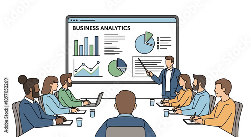 Professionals gather for an insightful business analytics presentation, fostering collaboration and strategic planning with data-driven insights