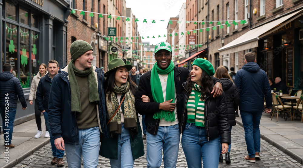 Fototapeta premium Diverse group of friends celebrating St. Patrick's Day in Dublin. Young adults walking on cobblestone street wearing green hats and scarves. Festive Irish holiday celebration with shamrock bunting