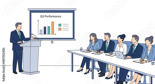 Professional business presentation highlighting Q3 performance with a male speaker addressing a diverse corporate team in a modern meeting room setting