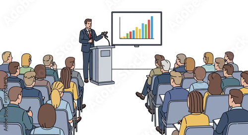 Professional speaker delivering an important business presentation, showcasing data and growth trends on a screen to an attentive and diverse audience in a conference room environment
