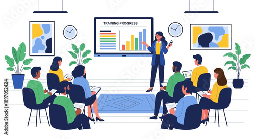 Professional corporate training session female speaker guides diverse team through progress presentation, enhancing skills and collaboration in a modern office setting
