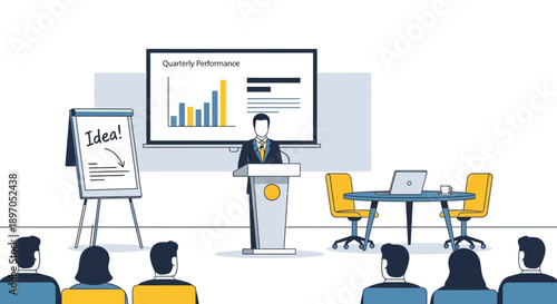 Professional businessman delivering a compelling quarterly performance presentation to an attentive audience, showcasing strategic growth and innovative ideas in a corporate meeting environment