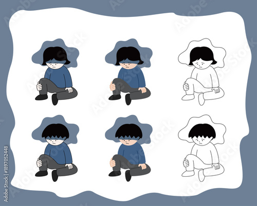 俯いて座り込む男女の人物イラスト詰め合わせ・手描き風・線画・ベクター素材|精神的疲労・憂鬱・ショック・心理状態・葛藤・メンタルケア