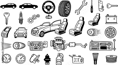 Automotive Black and White Line Art Doodle Icons Set of Car Parts, Vehicles, and Maintenance Tools. Auto Repair and Accessories Collection.