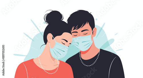 Young couple wearing protective medical masks standing together with eyes closed against a white background with decorative shapes.