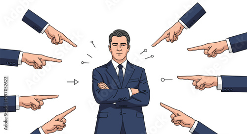 Professional businessman in a suit standing with arms crossed while several hands point at him from all directions as if accusing.