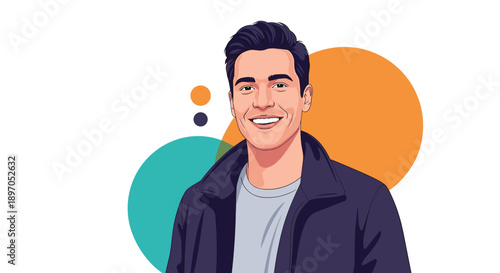 Handsome young man with dark hair smiling warmly while wearing a blue jacket over a grey t-shirt against a stylized background.