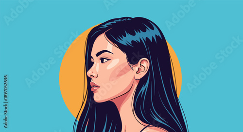 Beautiful young woman with long dark hair shown in profile looking away against a simple blue background with a yellow circle.