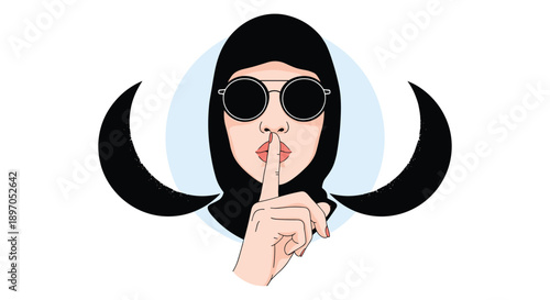 Mysterious woman wearing a black niqab and sunglasses making a silence gesture with her finger over her lips on a white background.