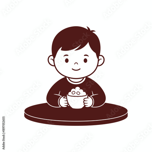 Child drinking babyccino or hot chocolate. Flat vector character icon