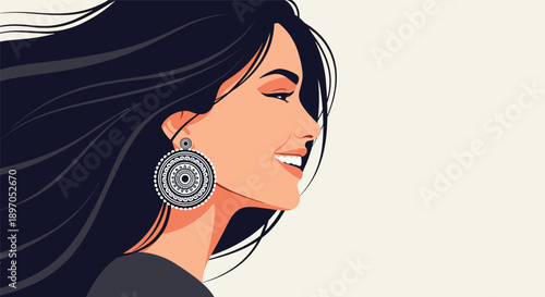 Beautiful woman with long dark windblown hair wearing large decorative circular earrings smiling in profile against a light background.