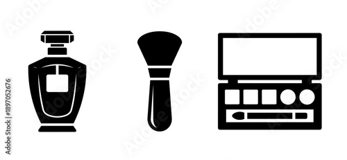 Black and white silhouette icons depicting perfume makeup brush and eyeshadow palette high quality professional detailed