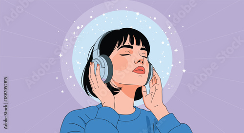 Peaceful young woman with short dark hair listening to music with headphones and eyes closed against a magical sparkling background.
