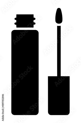 A simple black and white illustration depicts a tube of mascara with its applicator wand