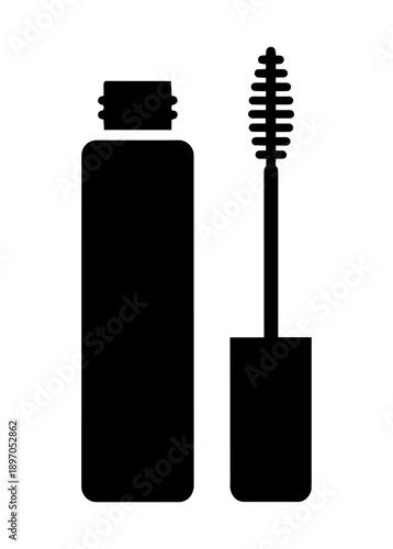 Simple black silhouette of a tube of mascara with applicator brush displayed prominently high quality professional