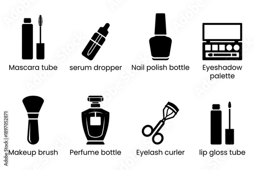 A collection of black silhouette icons depicting various cosmetic and makeup products high quality professional detailed