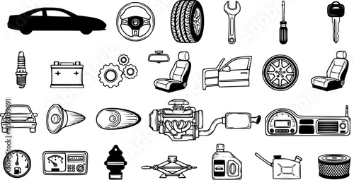 Automotive Car Parts and Mechanic Tools Vector Icons Set. Black and White Outline Line Art Collection for Auto Repair, Service, and Maintenance Business.