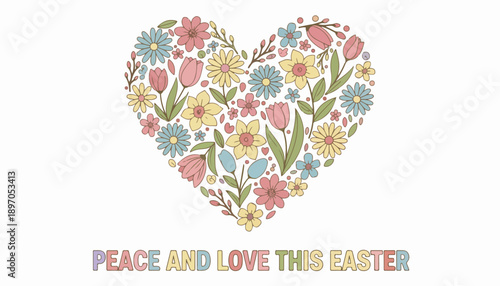 Floral heart shape made of spring flowers. Peace and love Easter greeting vector illustration