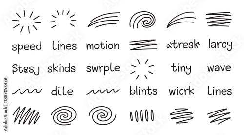 line movement element vector set, comic speed lines, motion lines, dynamic effect, manga action elements, swoosh, burst, swirl, impact stroke, motion streaks, anime style, expressive sketch curve ink