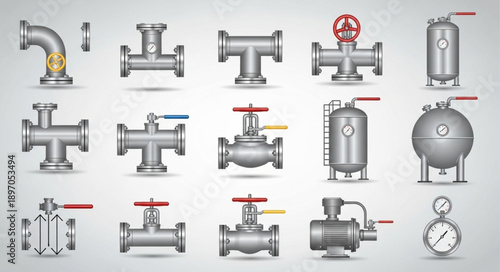 Collection of plumbing pipes and valves for industrial use.