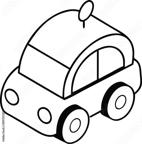 Tiny cute toy style cartoon car with rounded friendly design On white Background Vector illustration