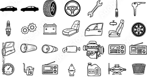 Automotive Car Parts and Tools Icon Set in Black and White Line Art Style - Hand-drawn Doodle Sketch Collection of Vehicle Accessories