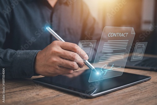 Businessman electronically signing digital contract on tablet