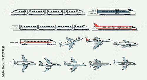 Collection of modern high speed trains and airplanes.