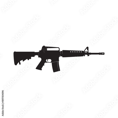 Vector image silhouette of modern military assault rifle symbol illustration isolated on white background. Army and police weapons.
