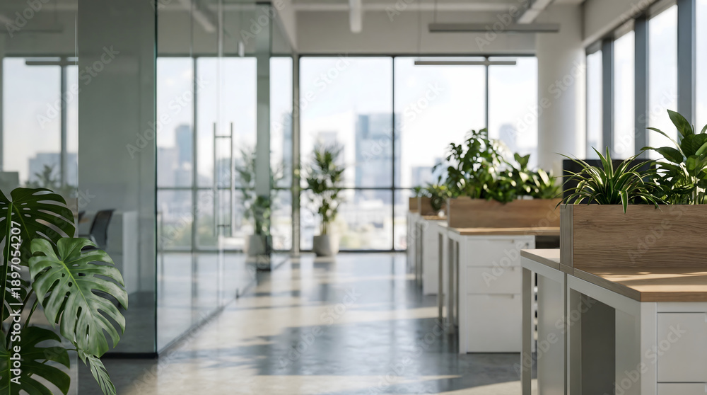 Obraz premium Minimalist Open Plan Office Background with Blurred High-Tech Workspace and Modern Lighting for Web Banner