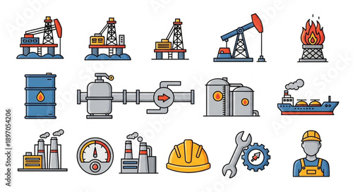 Collection of oil and gas industry icons and illustrations.