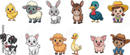 Cute farm animal and child characters collection, cartoon pets and farmyard friends, playful vector illustrations, kid friendly educational icons, colorful stock artwork
