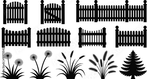 Decorative fence and garden plant silhouettes collection, picket gate icons and ornamental grass shapes, landscape border vector elements for backyard and park designs