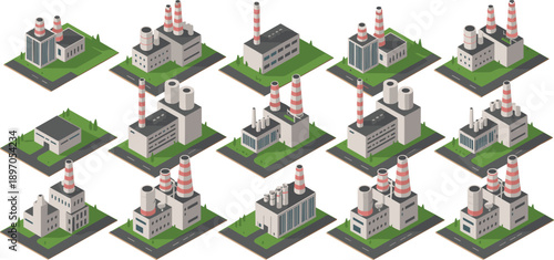 Isometric factory and power plant buildings collection, industrial facilities with chimneys, manufacturing plants and energy stations, detailed vector icons set