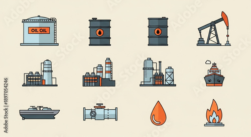 Collection of oil and gas industry icons and symbols.