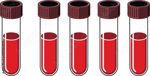 Set of five blood sample test tubes with red liquid, medical laboratory vials, vector illustration, blood collection icons, clinical equipment, editable design