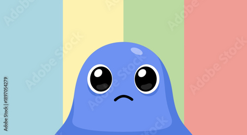 A cute, sad blue blob creature with large eyes against a pastel striped background, expressing melancholy.