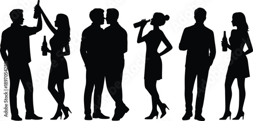 Silhouetted party people holding bottles, couples and friends socializing at a party, drinking and celebrating, nightlife vector silhouettes, social gathering illustration