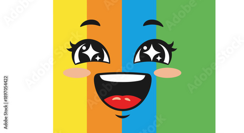 A cheerful cartoon face with sparkling eyes and a wide smile, set against a vibrant striped background of yellow, orange, blue, and green.