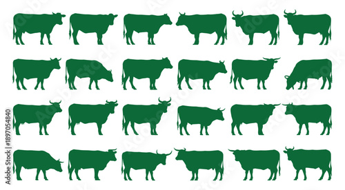 cow silhouette Vector set, cattle silhouettes, diverse breed of cows. Ideal for farm, ranch branding. Perfect for logos, decals. Black, white background. Bulls, cows, standing, walking, running
