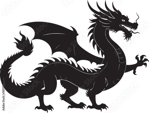 Adobe Illustrator Artwork of Black Silhouette Dragon with Large Wings. Stylized silhouette of a dragon with wings, claws, and a serpentine body, representing fantasy and mythical symbolism.