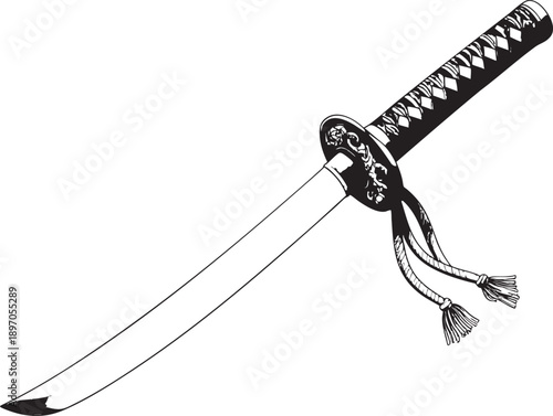 Adobe Illustrator Artwork of Traditional Japanese Katana Sword Illustration. Detailed illustration of a Japanese katana with ornate gold guard, polished blade, and decorative tassels