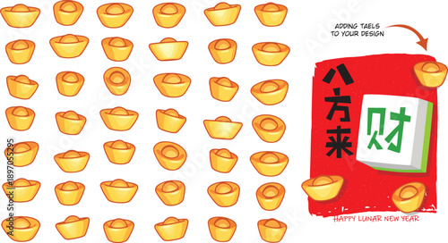 Ingots (boat-shaped pieces of silver or gold, symbolizing wealth and prosperity) are commonly used in Chinese New Year greeting card designs.