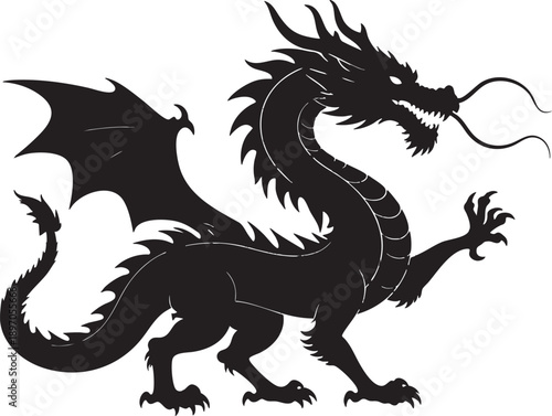 Adobe Illustrator Artwork of Eastern Style Dragon Silhouette Illustration. Symmetrical silhouette of a traditional Eastern dragon with whiskers, scales, claws, and wings, symbolizing wisdom and protec