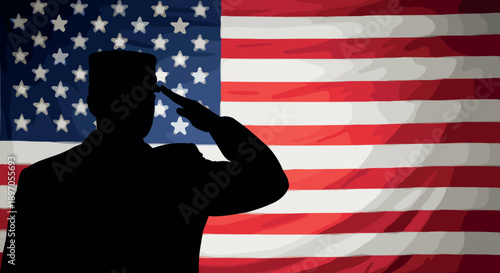 American soldier silhouette saluting, United States flag background patriotism military honor service memorial veterans day freedom illustration concept