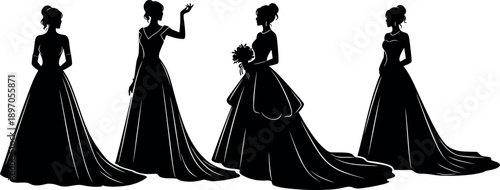 Elegant bride silhouettes collection, wedding dress gown fashion women posing luxury bridal style isolated white background vector illustration