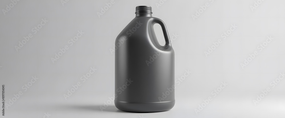 Obraz premium A single dark gray plastic jug with a handle and black cap on a plain background. 1 gallon jug